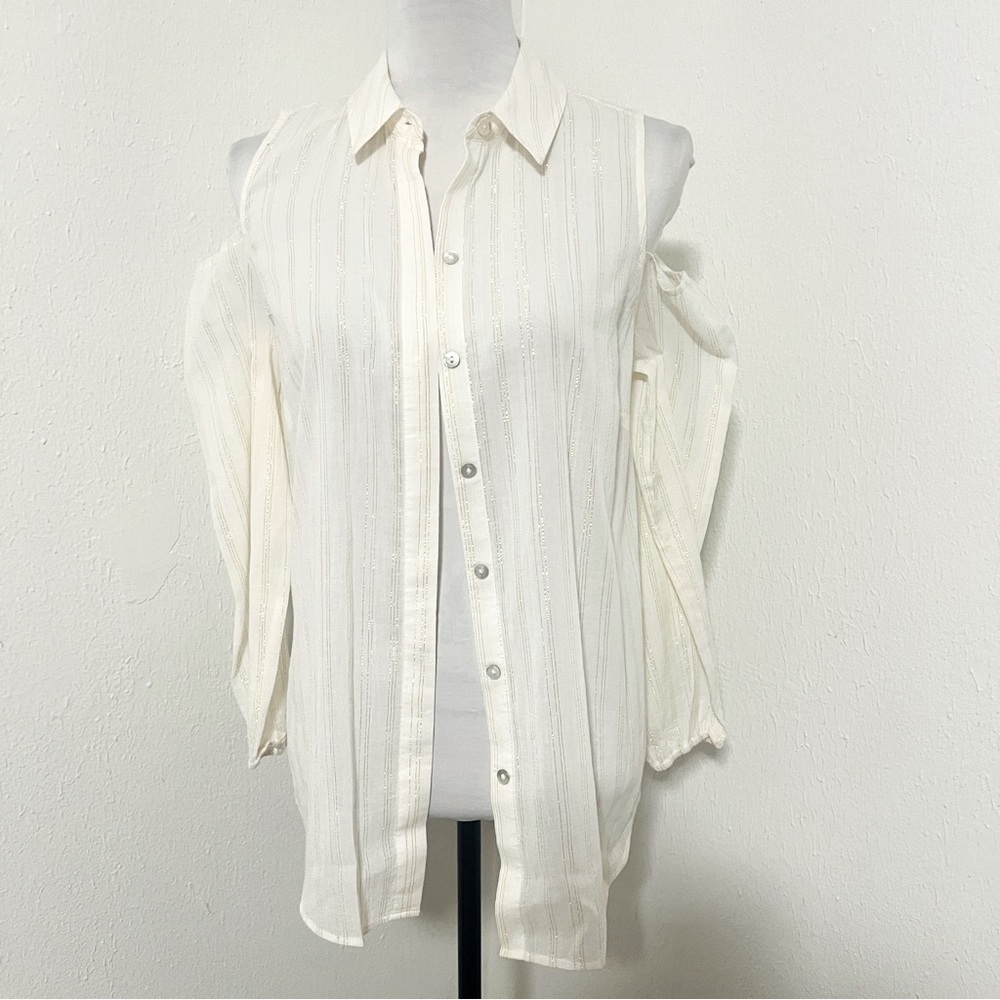 Chico’s Small Vintage Metallic Gauze Blouse Semi Sheer Long Sleeved Top Euc